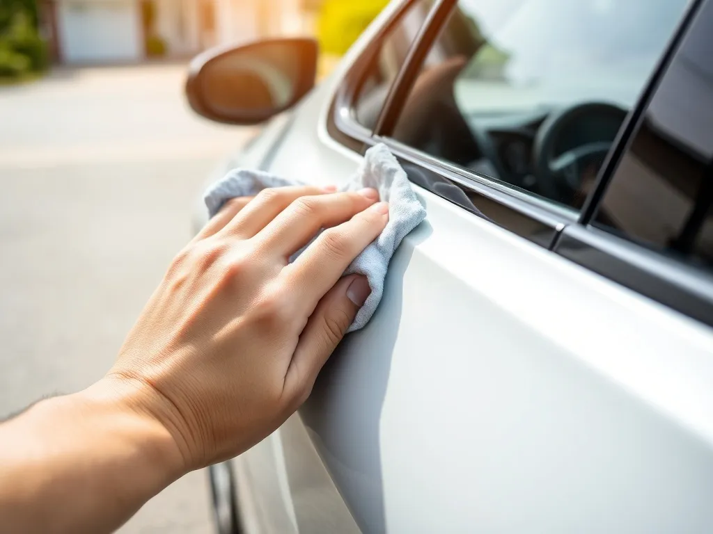 Dłoń polerująca miękką ściereczką rysę na jasnych drzwiach auta, domowe usuwanie drobnych zarysowań lakieru