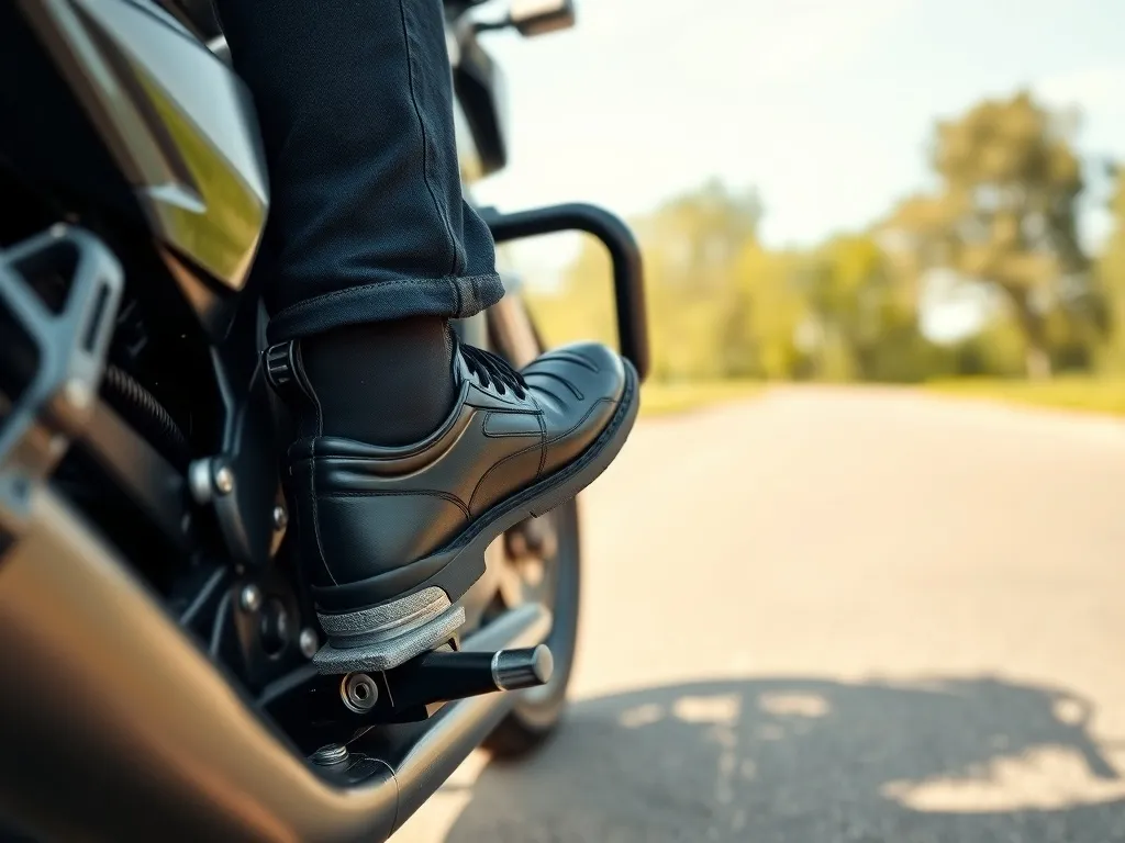 Stopa motocyklisty naciska dźwignię zmiany biegów na nowoczesnym motocyklu, w tle pusta droga i zieleń.