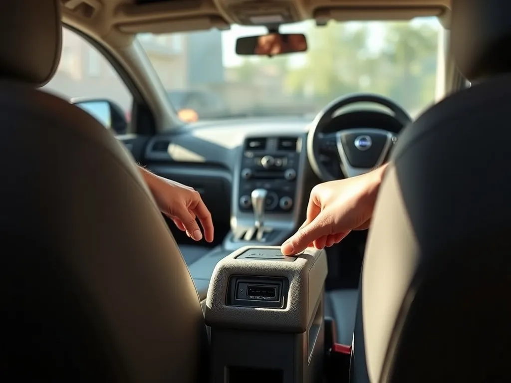 Konsola środkowa Volvo V50, dłoń sięga do gniazda AUX ukrytego przy podłokietniku między przednimi fotelami.