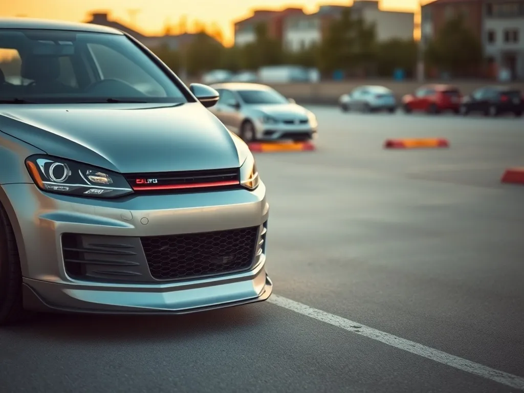 Srebrny VW Golf 5 z pakietem body kit i obniżonym zawieszeniem, zaparkowany na tle miejskiego parkingu o zachodzie słońca.