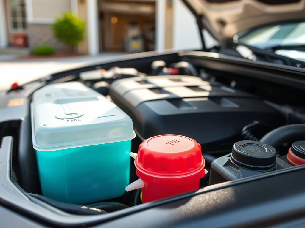 Zbliżenie komory silnika z widocznymi zbiornikami płynów eksploatacyjnych, podkreślające ich znaczenie i konieczność wymiany.