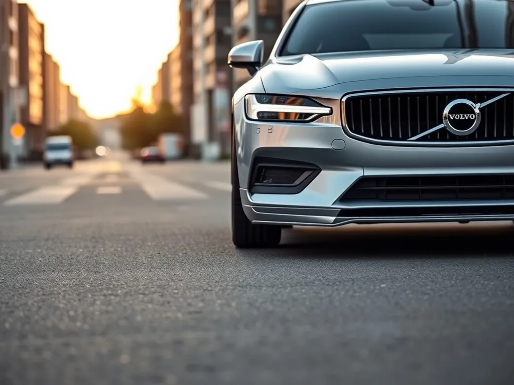 Srebrne Volvo S60 z subtelnym body kitem, niskim przednim zderzakiem i progami, zaparkowane na ulicy o zachodzie słońca.