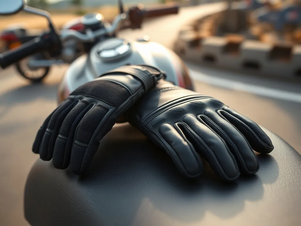 Dwie różne rękawice motocyklowe na siedzeniu motocykla, porównanie tekstylnych i skórzanych z widocznymi ochraniaczami.