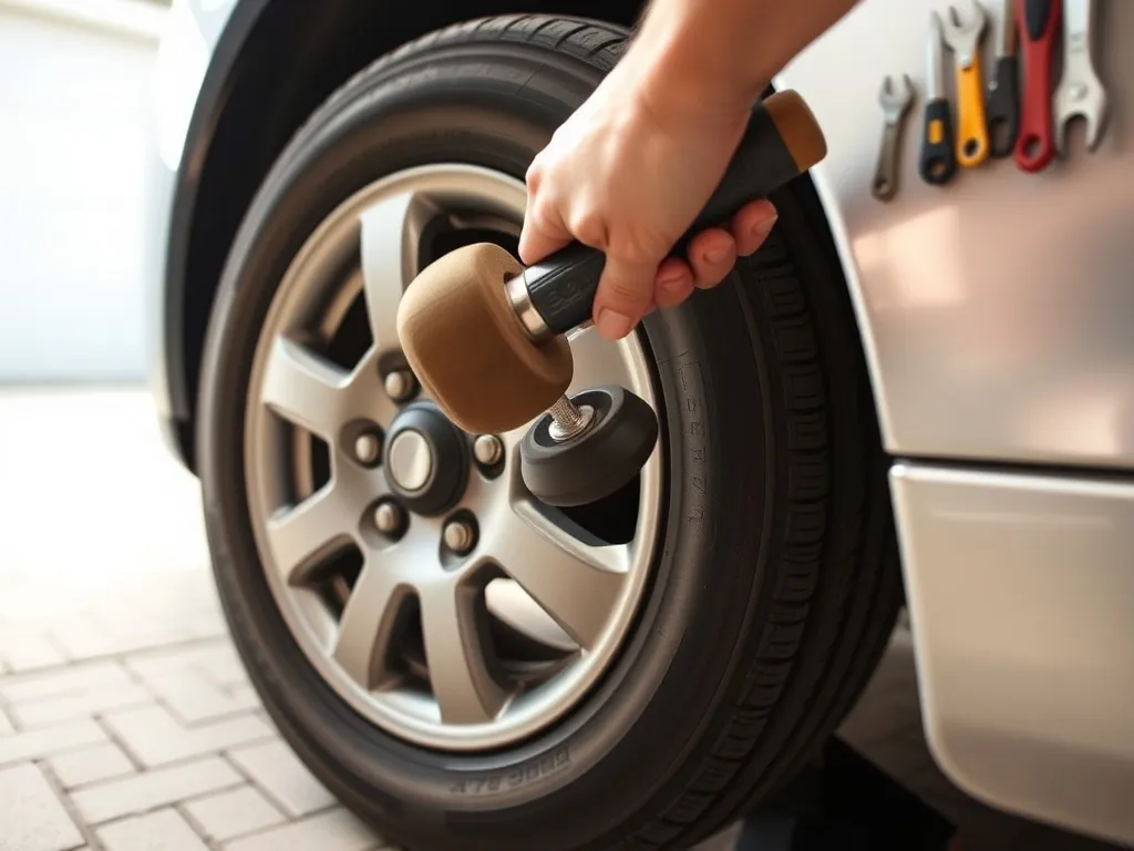 Dłonie odkręcają zapieczone śruby koła samochodu gumowym młotkiem i kluczem, auto uniesione na lewarku przed garażem