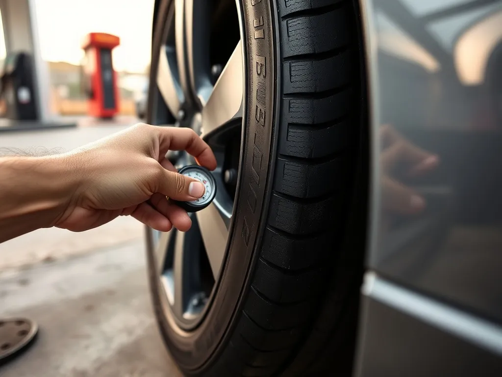 Ręka kierowcy podłącza manometr do zaworu opony auta przy dystrybutorach na stacji benzynowej.