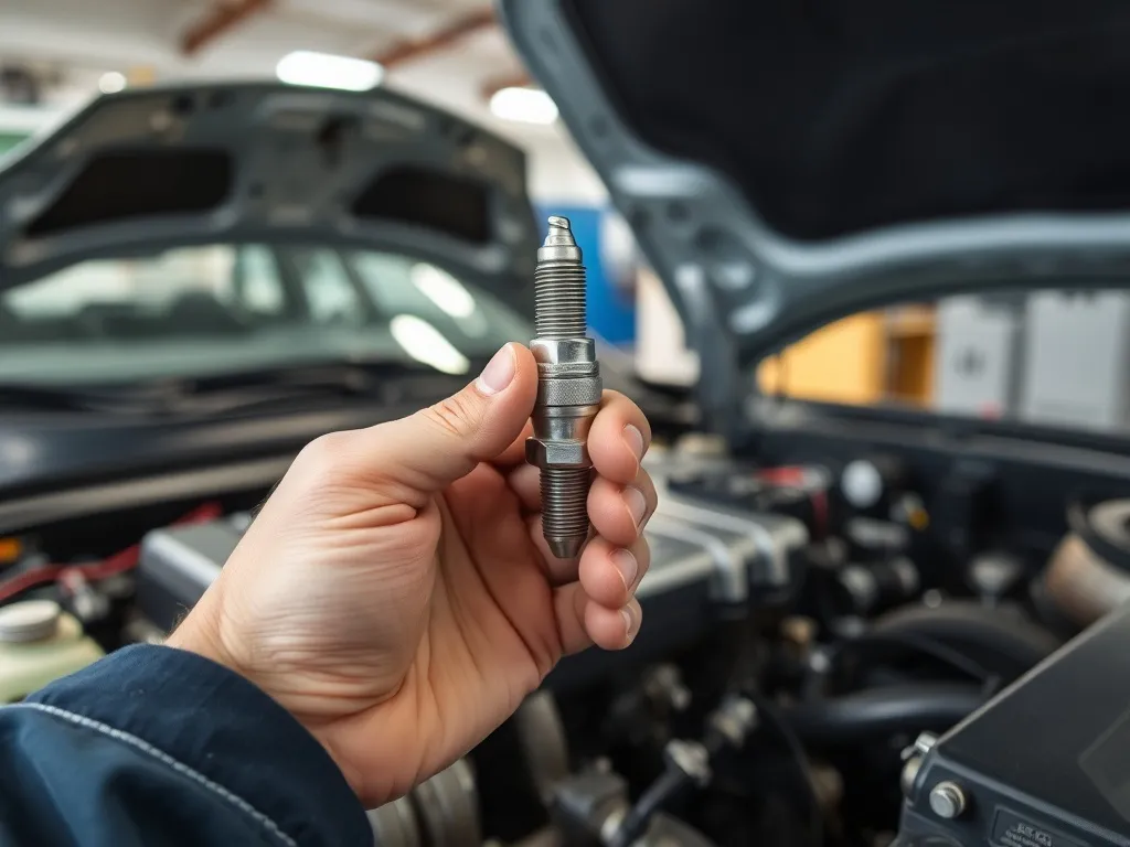 Mechanik trzyma nową świecę zapłonową nad otwartym silnikiem, podkreślając jej wpływ na pracę jednostki.