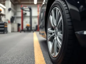 Ręce wulkanizatora nakładają bezbarwny smar montażowy pędzelkiem na rant opony osadzonej na srebrnej feldze w warsztacie.