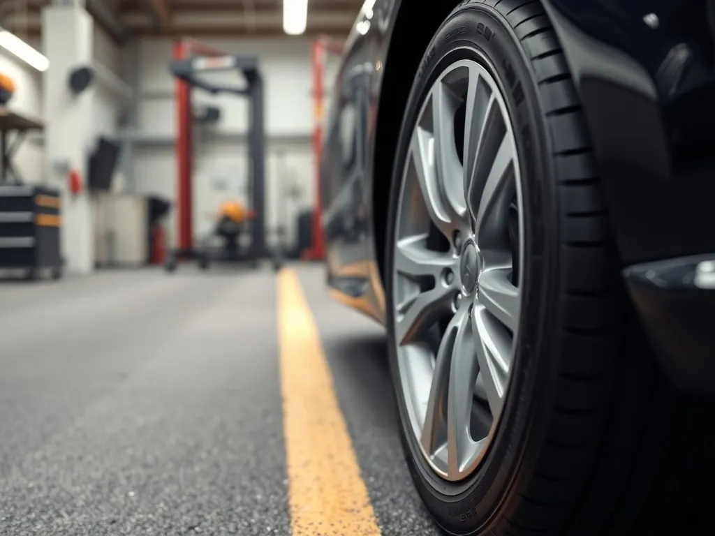 Nowa opona na feldze auta stojącego na prostej drodze, w tle warsztat z urządzeniami do ustawiania zbieżności kół.