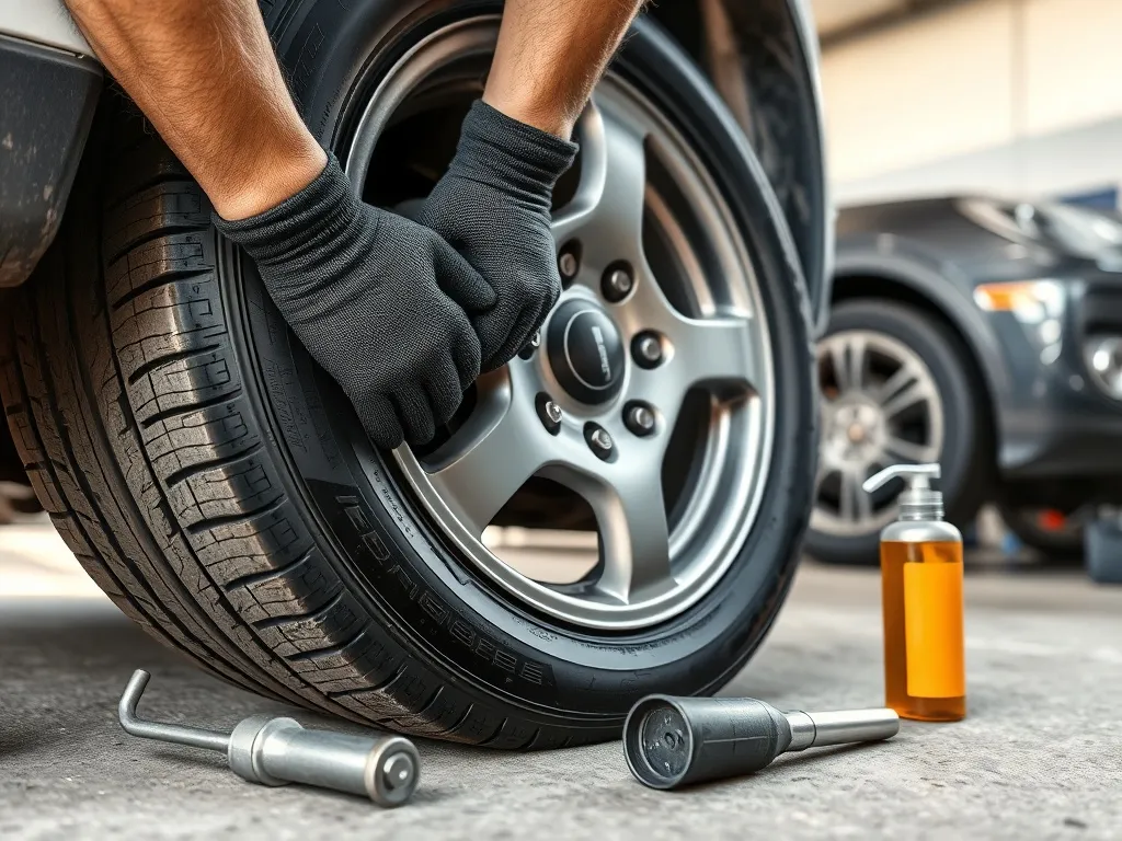Mechanik w rękawicach ręcznie zakłada oponę na felgę, obok proste narzędzia, w tle rozmazany samochód w garażu.