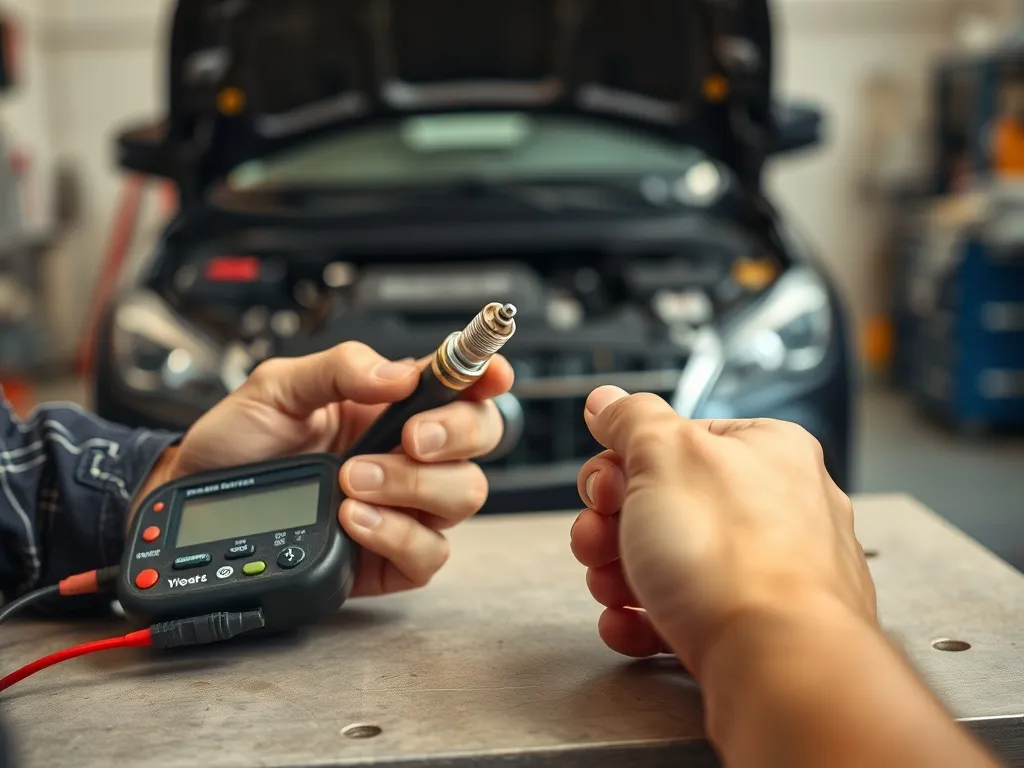 Mechanik mierzy multimetrem świecę żarową wyjętą z silnika diesla na stole warsztatowym w jasnym, czystym garażu