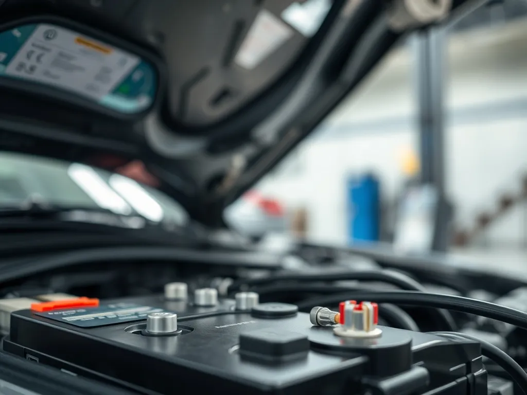 Nowoczesny akumulator w komorze silnika, wyeksponowane klemy i kable, w tle rozmazana kontrolka ostrzegawcza na desce.