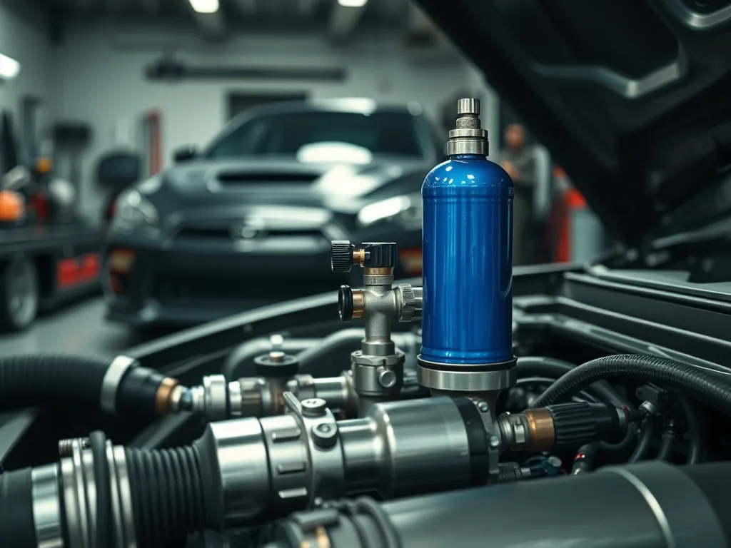 Butla podtlenku azotu zamontowana w komorze silnika sportowego auta, ilustrująca tuning i modyfikacje osiągów.