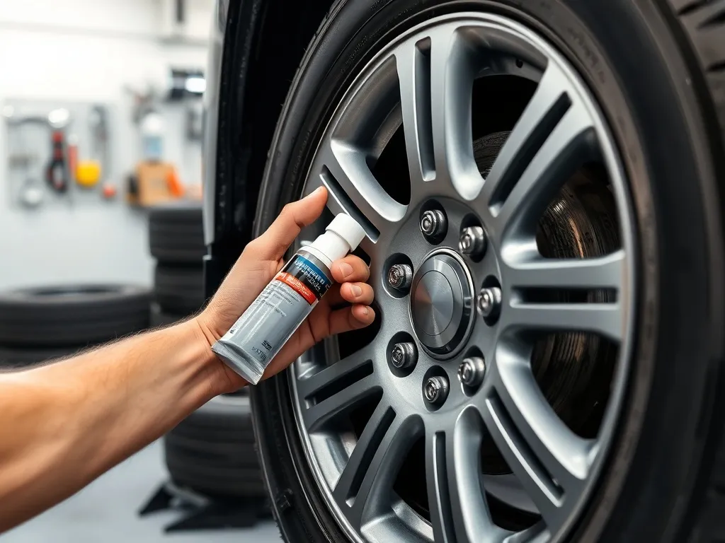 Ręce wulkanizatora nakładają bezbarwny smar montażowy pędzelkiem na rant opony osadzonej na srebrnej feldze w warsztacie.