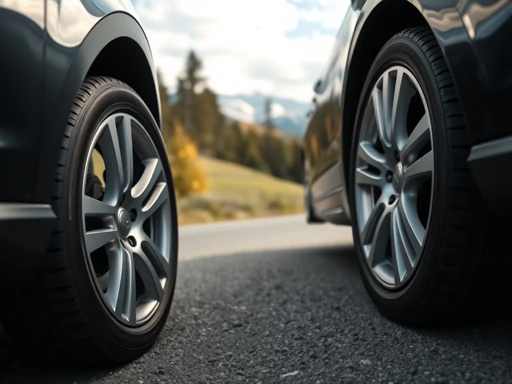 Nowa opona całoroczna na feldze samochodu, na tle drogi, zielonych drzew i ośnieżonych gór, symbolizująca jazdę przez cały rok.