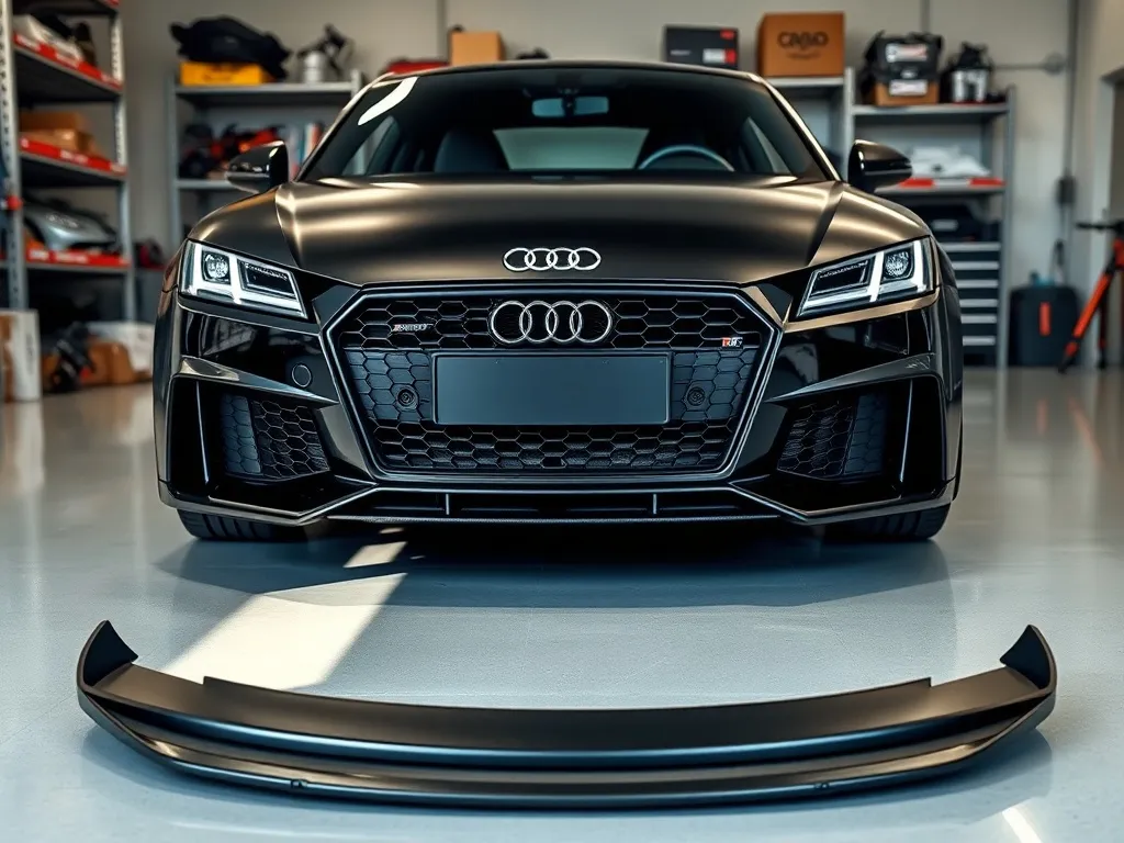 Audi TT w warsztacie, przed nim ułożony zderzak i progi body kitu, gotowe do montażu tuningowego.