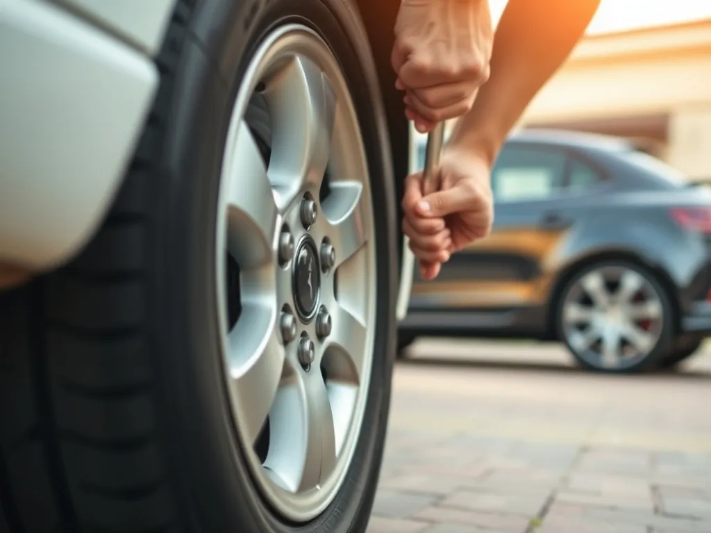 Mechanik dokręca śruby koła z oponą kierunkową, pokazując prawidłowy kierunek montażu opon na samochodzie.