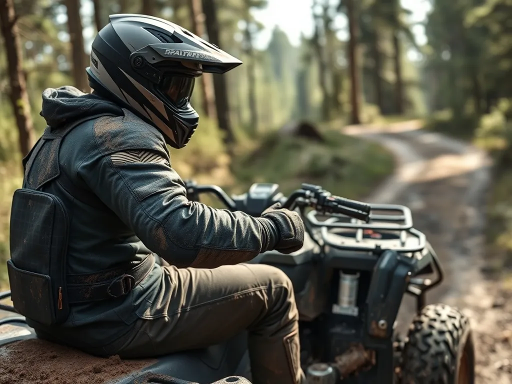 Kierowca quada w lesie w kasku, ochraniaczach, rękawicach i wysokich butach, ubrany bezpiecznie do jazdy w błocie.