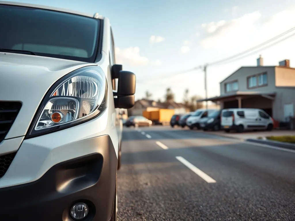 Renault Master stojący na słonecznej ulicy przed warsztatem, podkreślone reflektory i grill, tło lekkiego ruchu dostawczaków