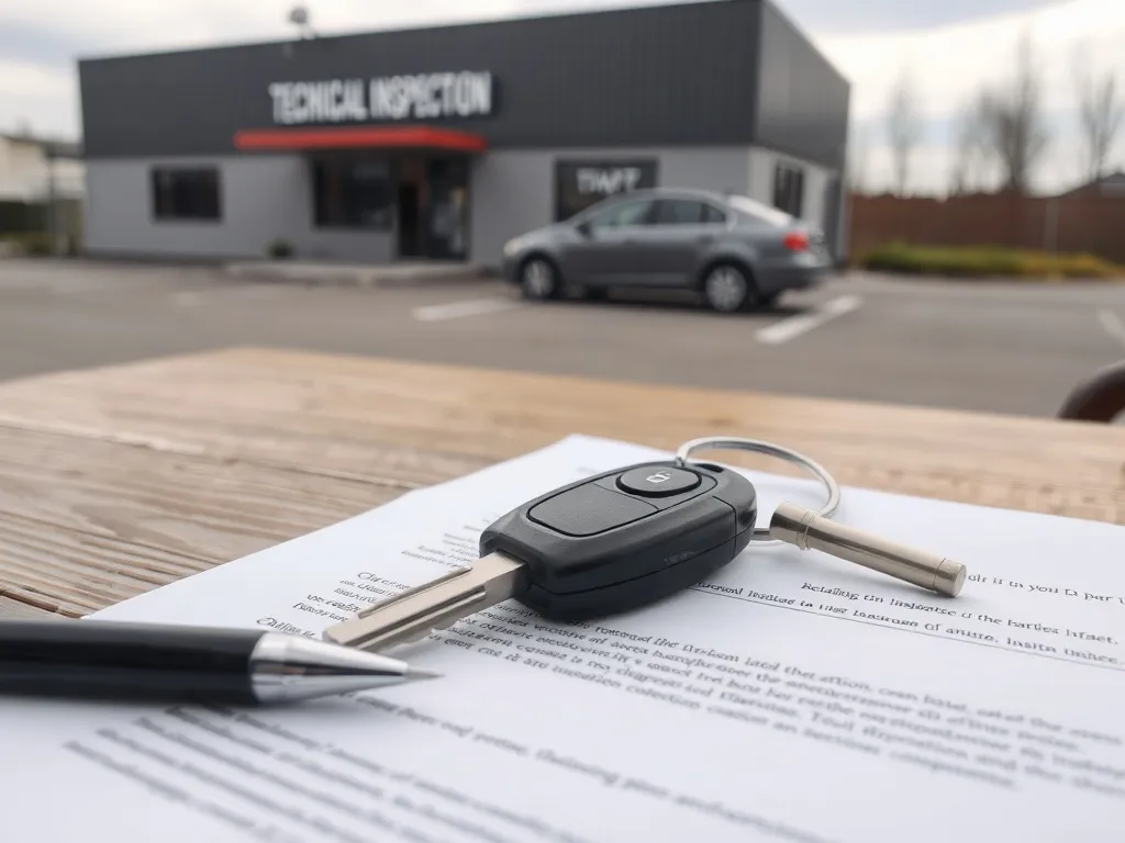 Kluczyki samochodu na umowie sprzedaży, w tle auto przy stacji kontroli, symbolizujące sprzedaż bez aktualnego przeglądu.