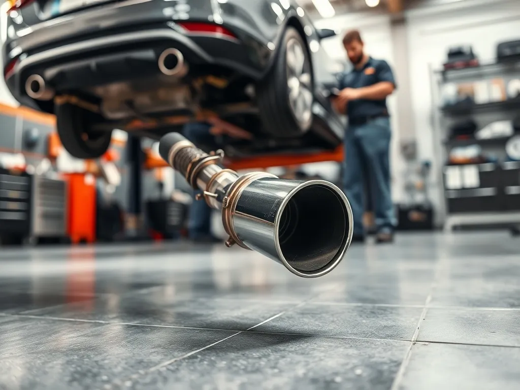 Nowy katalizator obok rury wydechowej w profesjonalnym warsztacie, mechanik pracuje przy uniesionym aucie w tle