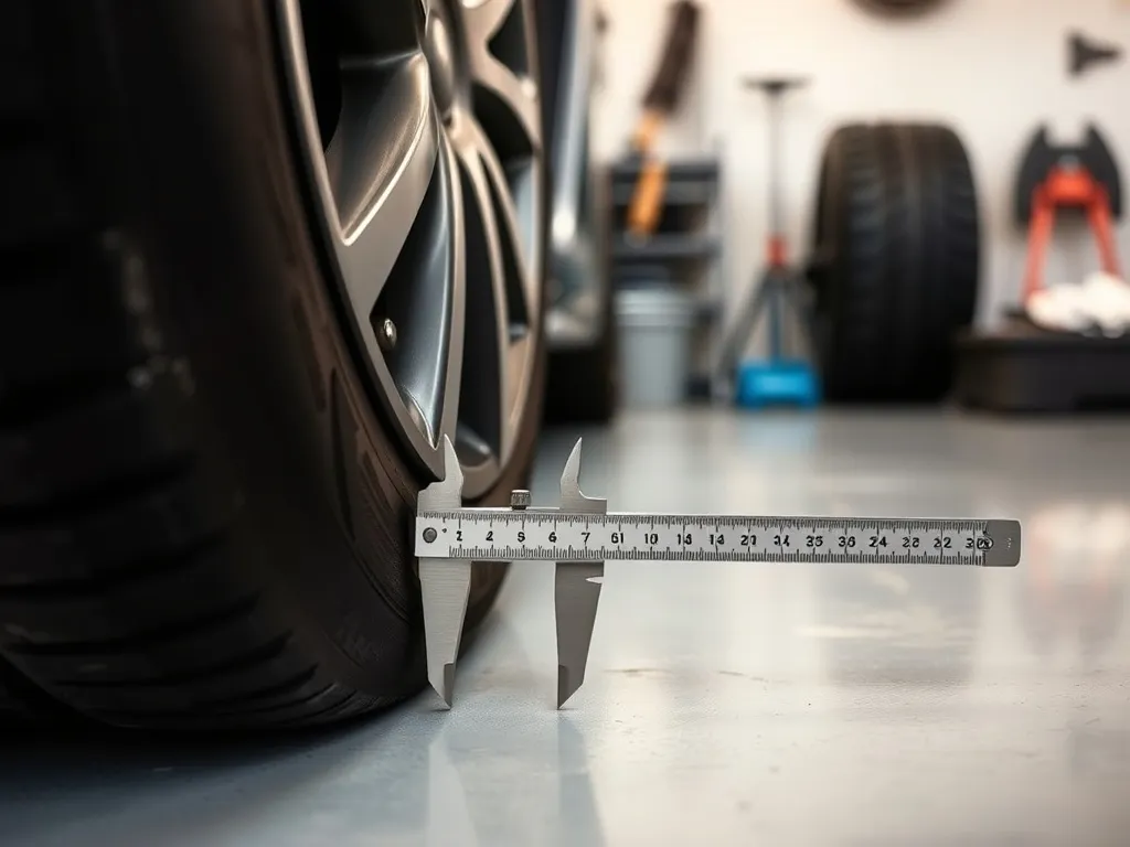 Szczegółowy pomiar rozstawu śrub w feldze samochodowej za pomocą suwmiarki na podłodze w garażu