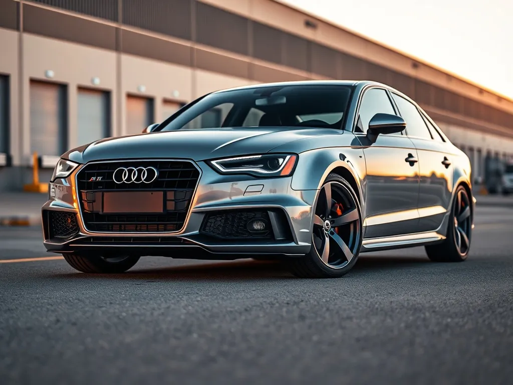 Srebrne Audi A4 B6 z obniżonym zawieszeniem i sportowym body kitem, podkreślającym felgi i zderzak na tle przemysłowym