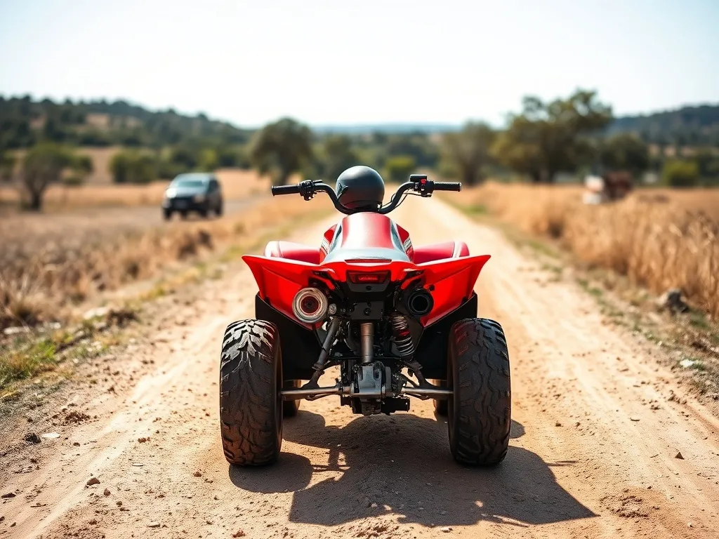 Czerwony quad z kaskiem na siedzeniu stoi na polnej drodze, w tle pagórkowaty, słoneczny krajobraz do jazdy.