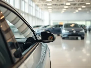 Nowe auto w salonie z widocznym wskaźnikiem paliwa pokazującym prawie pełny bak, pytanie czy wyjeżdża zatankowane.