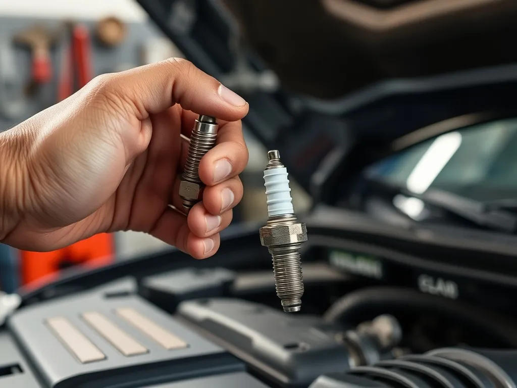 Mechanik trzyma nową i zużytą świecę żarową nad silnikiem, pokazując różnicę i potrzebę regularnej wymiany