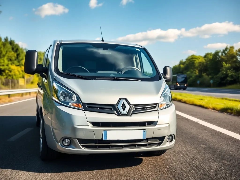 Srebrny Renault Trafic zaparkowany na tle autostrady i zieleni, podkreślający charakter auta dostawczego i jego osiągi
