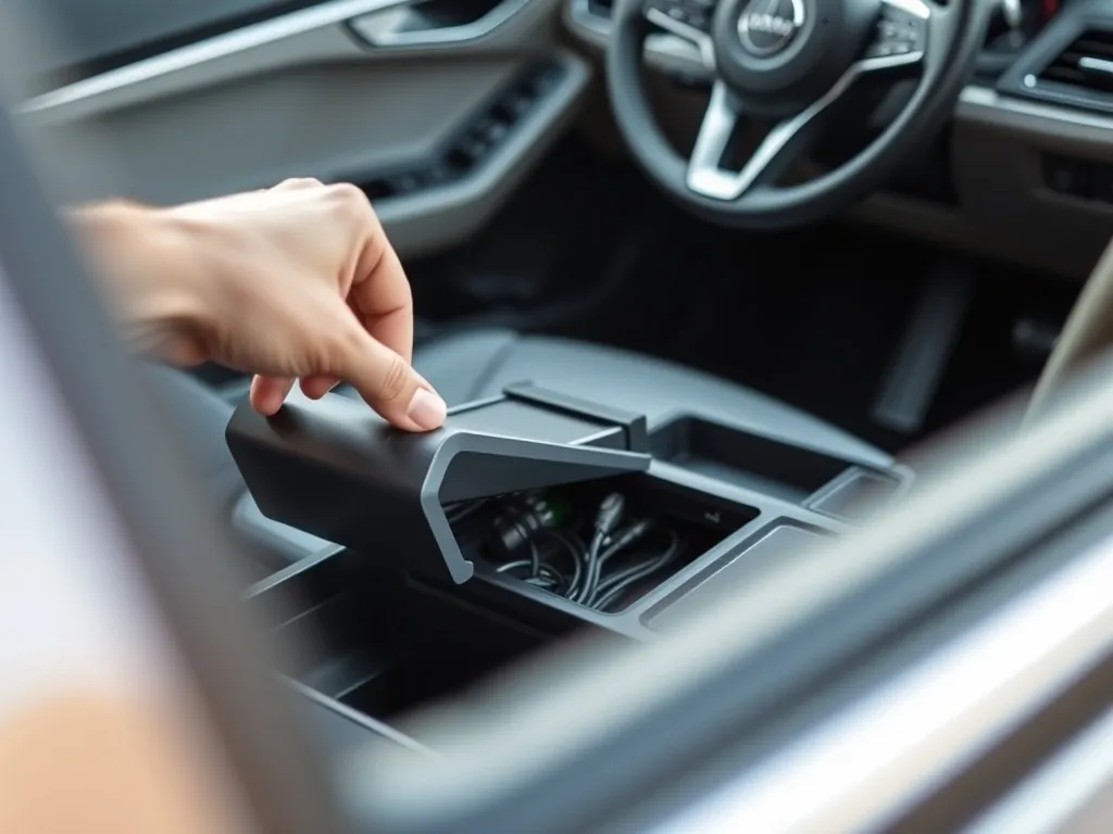 Ręka unosi panel konsoli środkowej Audi A4 B8, odsłaniając moduł elektroniczny Bluetooth i wiązkę przewodów