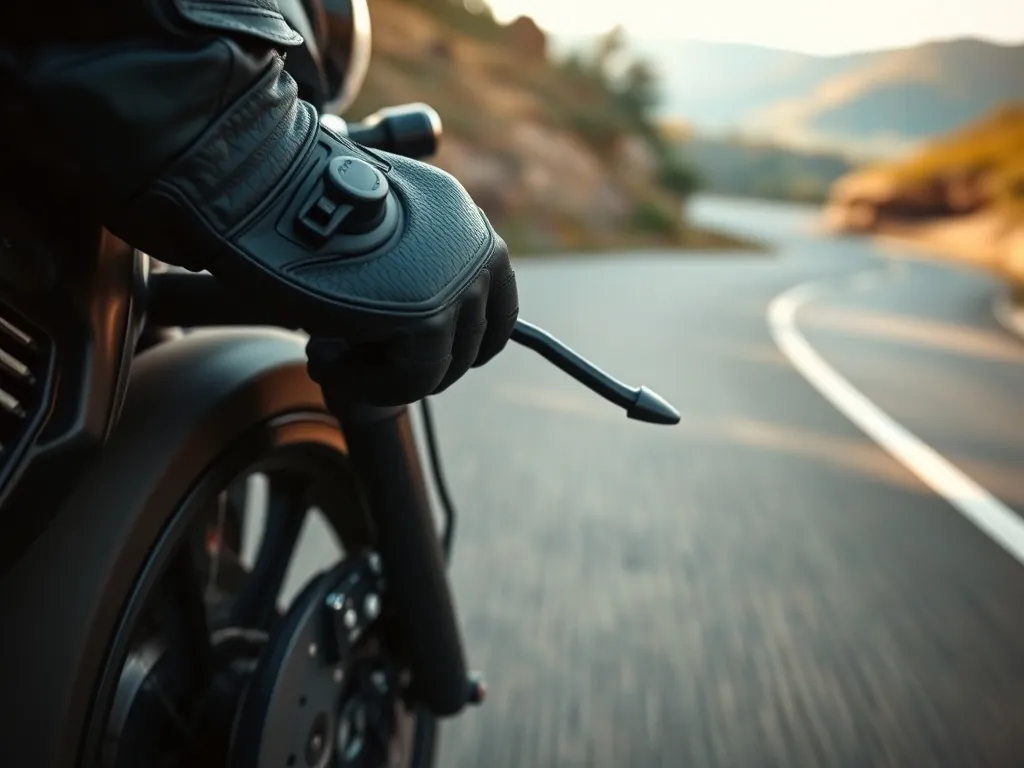 Motocyklista delikatnie naciska przedni hamulec na spokojnej, krętej drodze, podkreślając bezpieczną technikę hamowania.