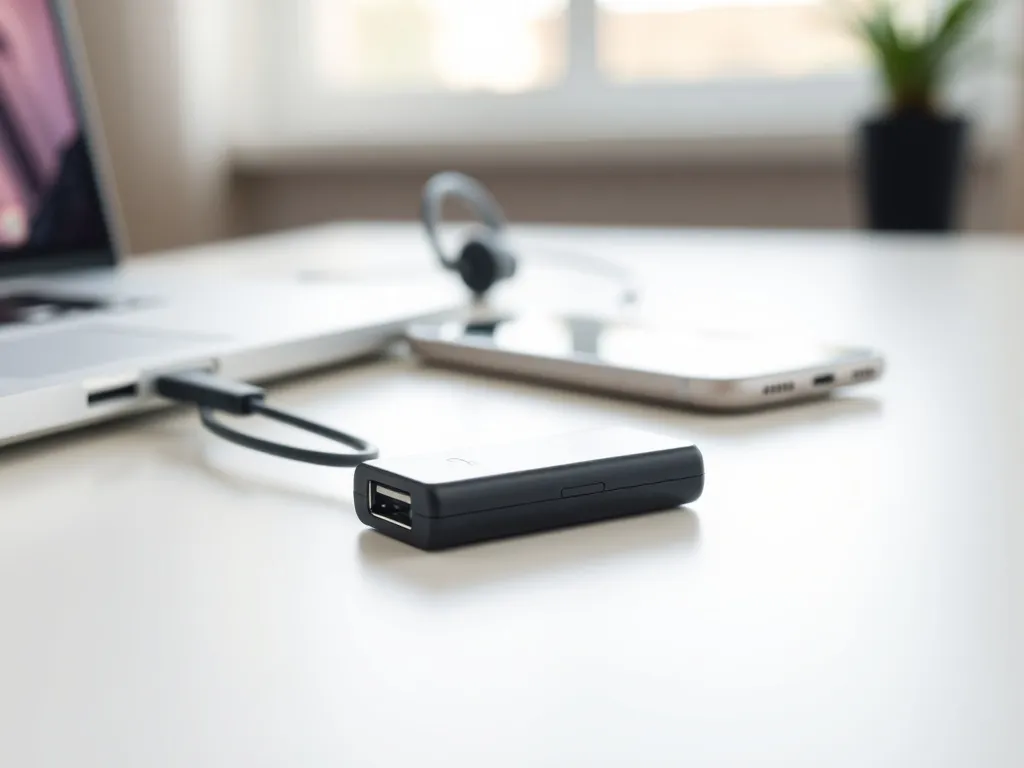 Mały transmiter Bluetooth wpięty do laptopa na białym biurku, w tle bezprzewodowe słuchawki i smartfon.