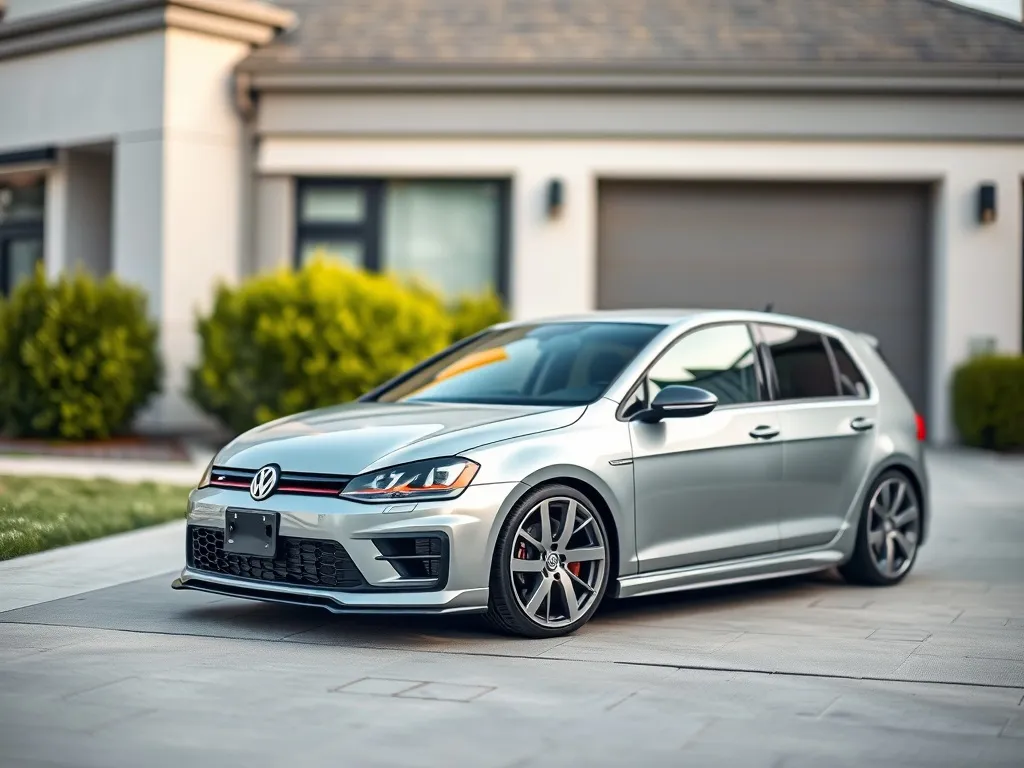 Srebrny Volkswagen Golf 4 z delikatnym sportowym body kitem na podjeździe, podkreślone zderzak, progi i felgi.
