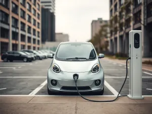 Nowoczesny kompaktowy samochód elektryczny ładowany na miejskiej stacji w neutralnej, minimalistycznej scenerii parkingu.