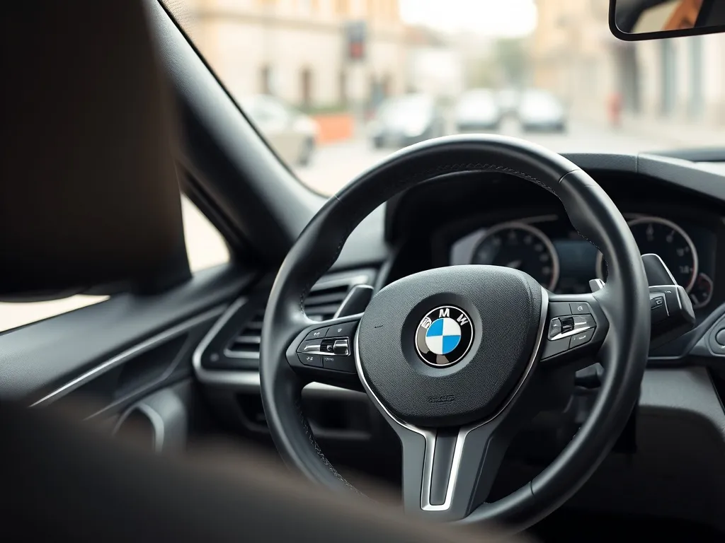 Nowoczesna kierownica BMW E60 z widocznymi przyciskami i przeszyciami, widok z miejsca kierowcy we wnętrzu auta.