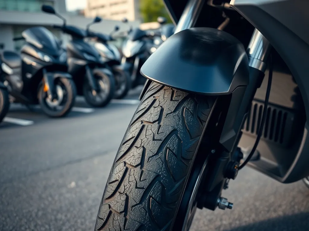 Zbliżenie przedniej opony motocykla na asfalcie, z wyraźnym bieżnikiem i szeregiem różnych motocykli w tle.
