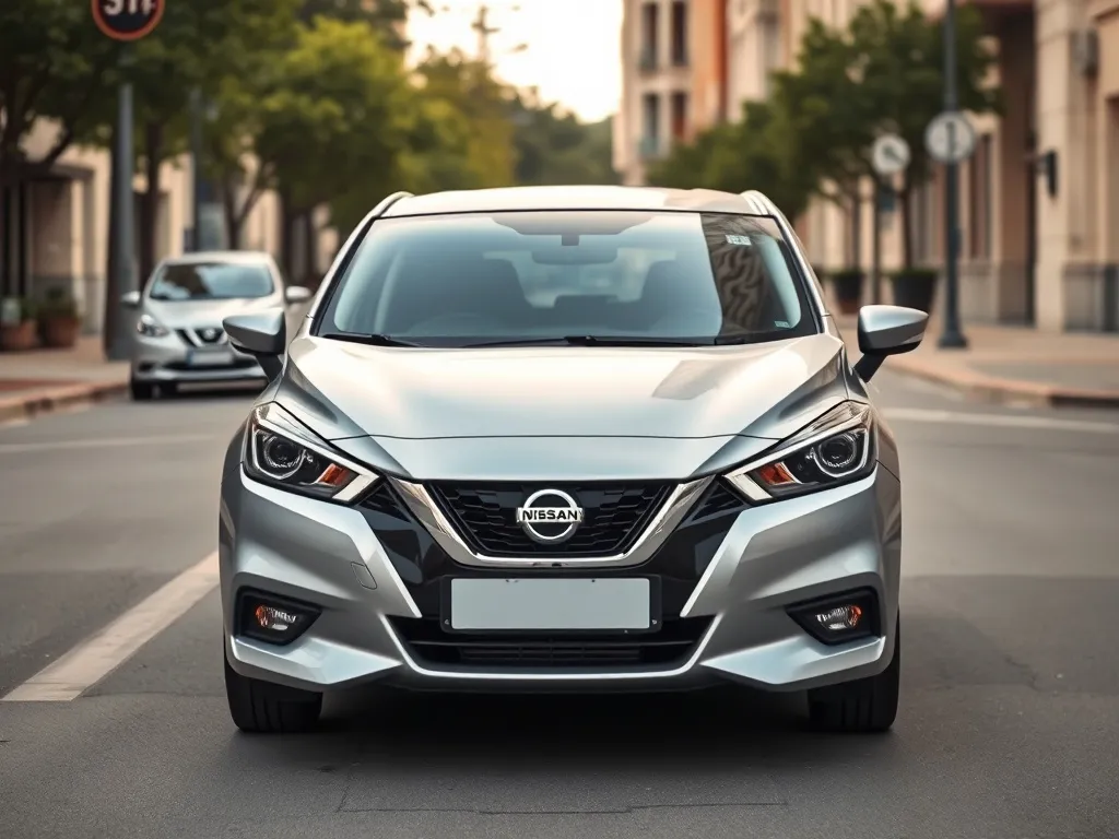 Srebrny kompaktowy Nissan na miejskiej ulicy, prezentujący większą alternatywę dla Micry w codziennym użytkowaniu.