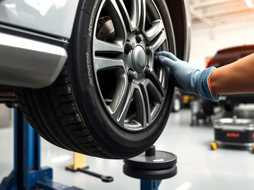 Mechanik w rękawicach wymienia koło auta na podnośniku, obok klucz i wyważarka w jasnym, czystym warsztacie.