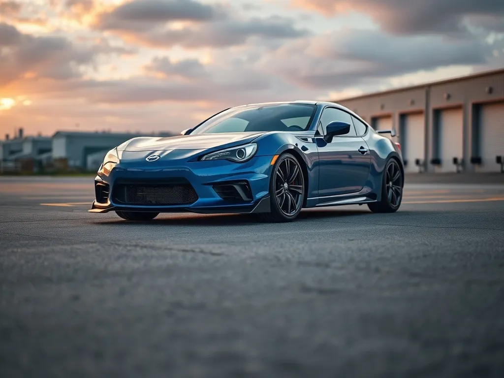 Niebieskie Subaru BRZ z dyskretnym body kitem, podkreślającym splitter, progi i poszerzone błotniki na pustym parkingu