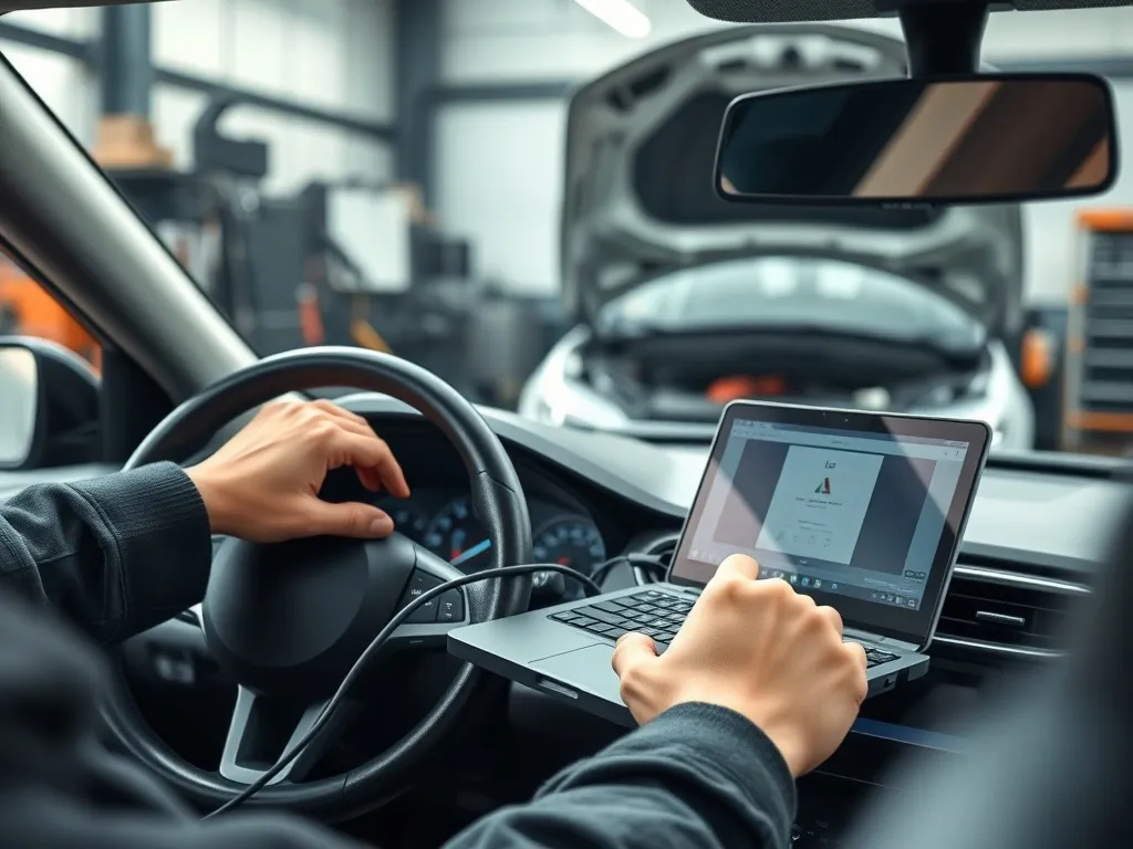 Mechanik wykonuje chip tuning, laptop diagnostyczny podłączony do auta w nowoczesnym warsztacie