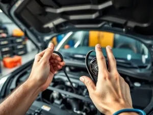 Mechanik w komorze silnika wskazuje dwa różne paski, ilustrując różnicę między paskiem klinowym a rozrządu.