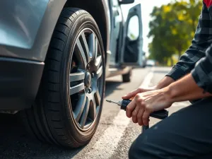 Mechanik wymienia oponę przy drodze, używając profesjonalnych narzędzi, w tle widoczny bus serwisowy z otwartymi drzwiami.