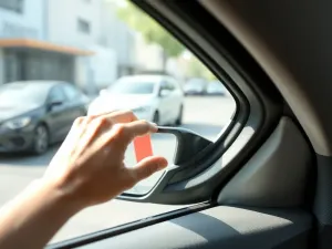 Delikatnie opuszczona szyba w drzwiach samochodu, widoczna szczelina u góry i dłoń dotykająca krawędzi szkła.