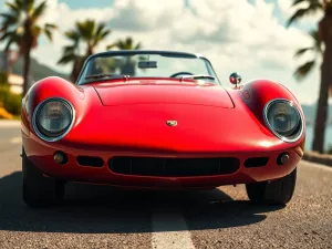 Klasyczne czerwone Ferrari Testarossa na nadmorskiej drodze, ukazujące charakterystyczne boczne wloty i sportową sylwetkę.