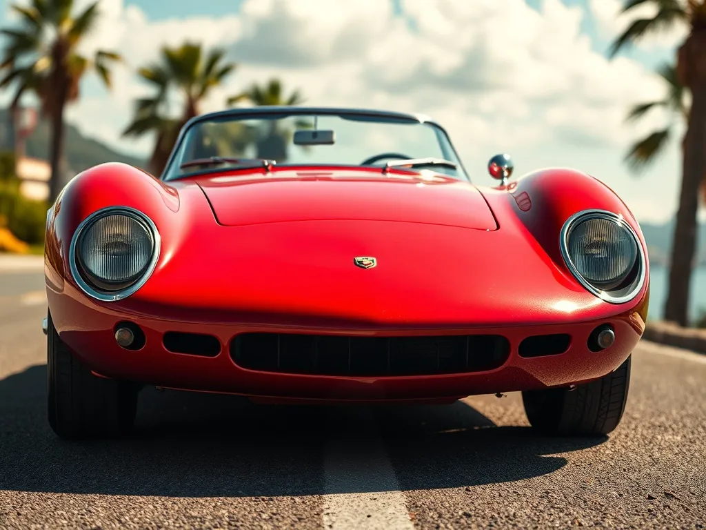 Klasyczne czerwone Ferrari Testarossa na nadmorskiej drodze, ukazujące charakterystyczne boczne wloty i sportową sylwetkę.