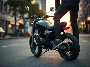 Niski motocykl o kompaktowej budowie, na którym niższy kierowca swobodnie sięga stopami do ziemi na miejskiej ulicy o zmierzchu.