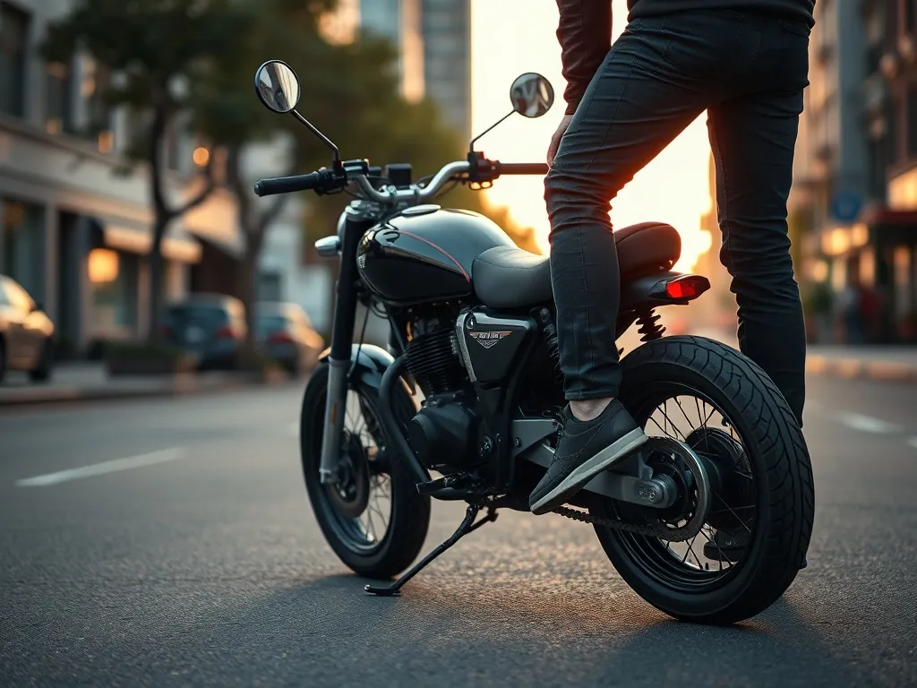 Niski motocykl o kompaktowej budowie, na którym niższy kierowca swobodnie sięga stopami do ziemi na miejskiej ulicy o zmierzchu.