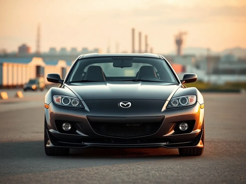 Mazda RX-8 z subtelnym body kitem, obniżonym zawieszeniem i sportowym zderzakiem na tle industrialnego miasta o zmierzchu