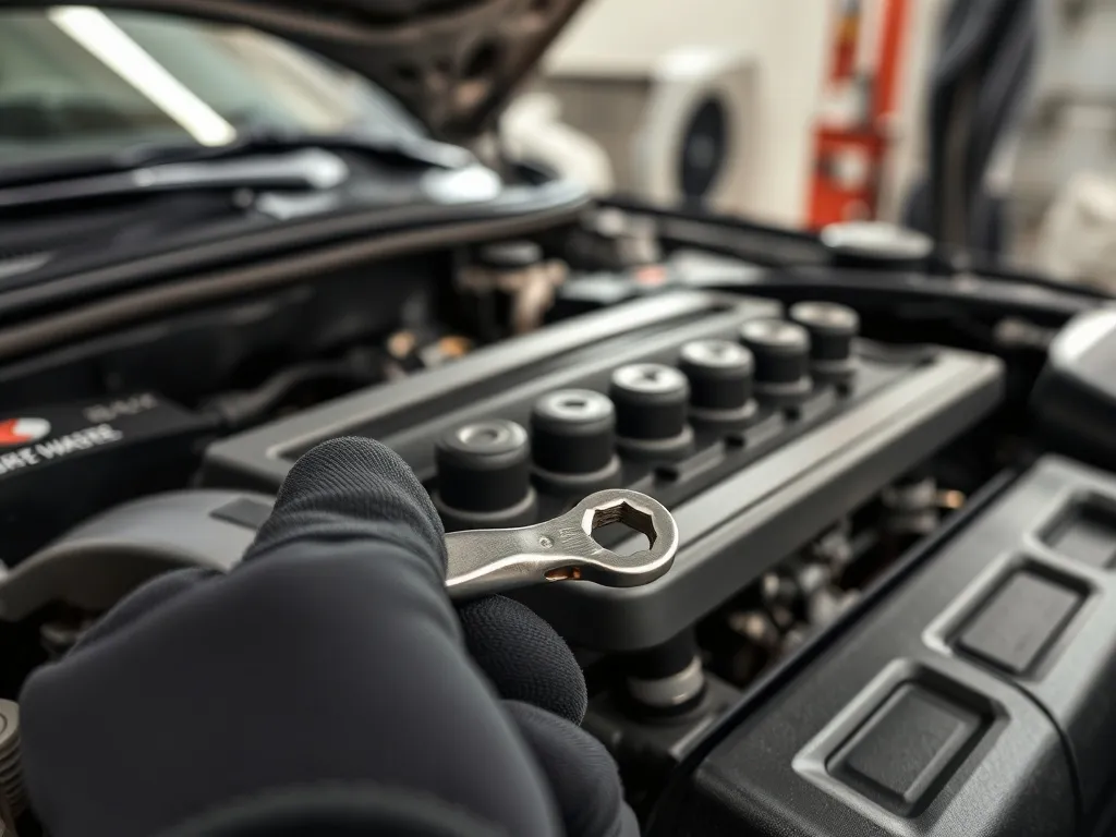 Mechanik z kluczem przy pokrywie zaworów, widoczny cienki wyciek oleju wzdłuż krawędzi uszczelki silnika.